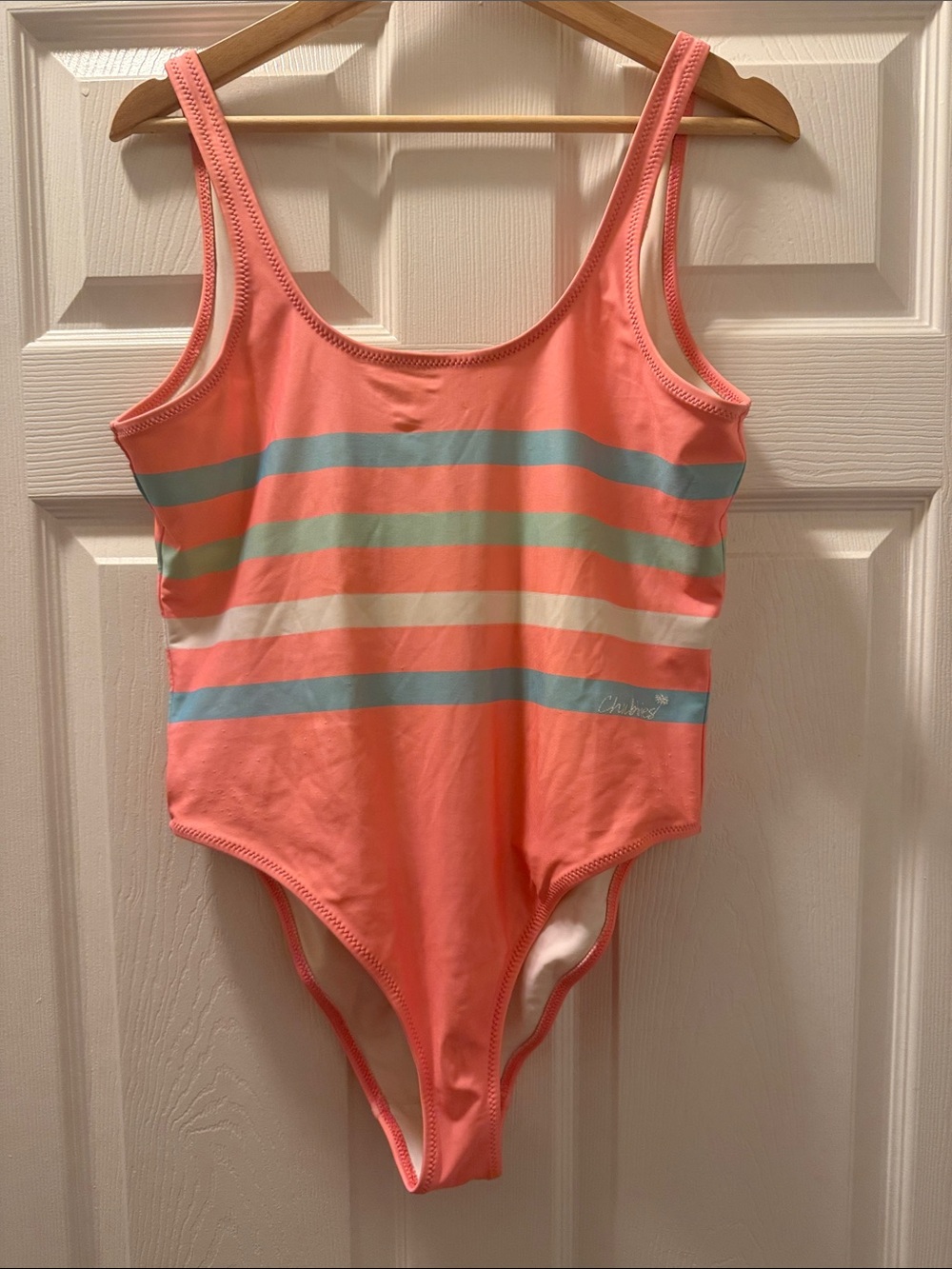chubbies Coral One-Piece Swimsuit with Pastel Stripes